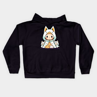 Kawaii Cat Wizard with Kitty Creatures - Cute Anime Art Kids Hoodie